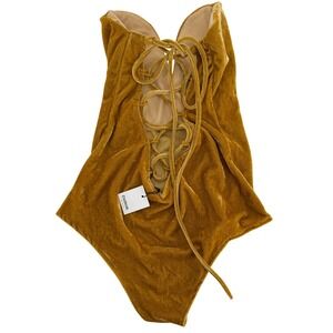 Clothink Mustard Yellow Velvet Lace Up Back Bodysuit Corset Top Coachella Vibes